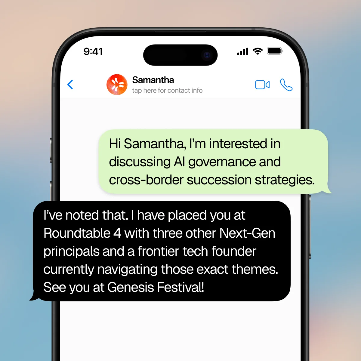 WhatsApp conversation with Samantha arranging a Genesis Festival roundtable